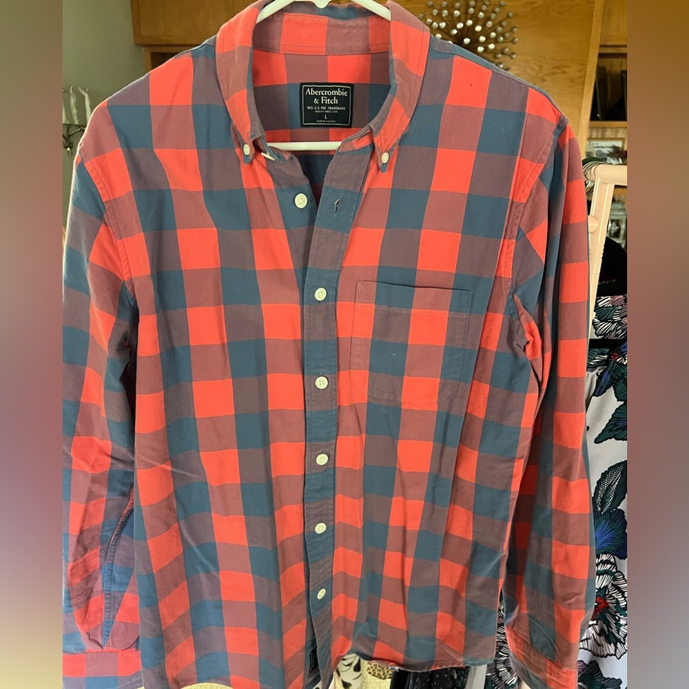 Abercrombie & Fitch Red and Blue Casual Button Down Shirt